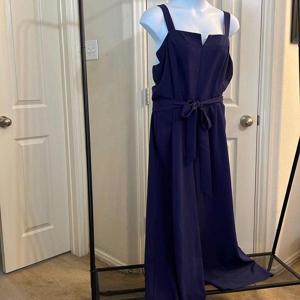 Lane Bryant size 22 navy blue sleeveless jumpsuit with a belt.